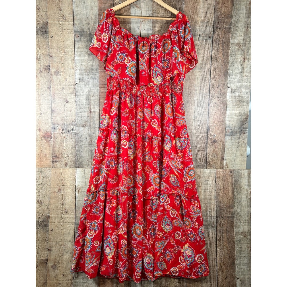Rabbit Rabbit Rabbit Women Red Paisley Tiered Smocked Maxi Dress 20W Cottagecore